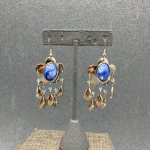 Jordache Pierced Earrings Silver Blue Oval Abstract Flower Dangle Faceted Retro